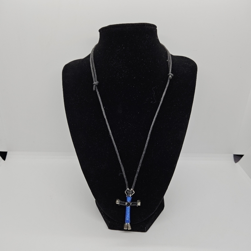 black cord necklace with wire wrapped cross blue black silver tone
